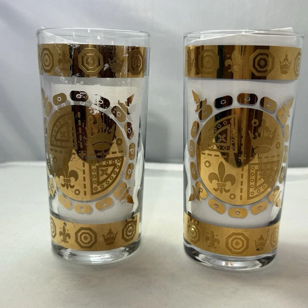 VTG MCM Vito Bari Barware Set 8 Highball Glasses, Ice Bucket & Caddy 22KT Gold